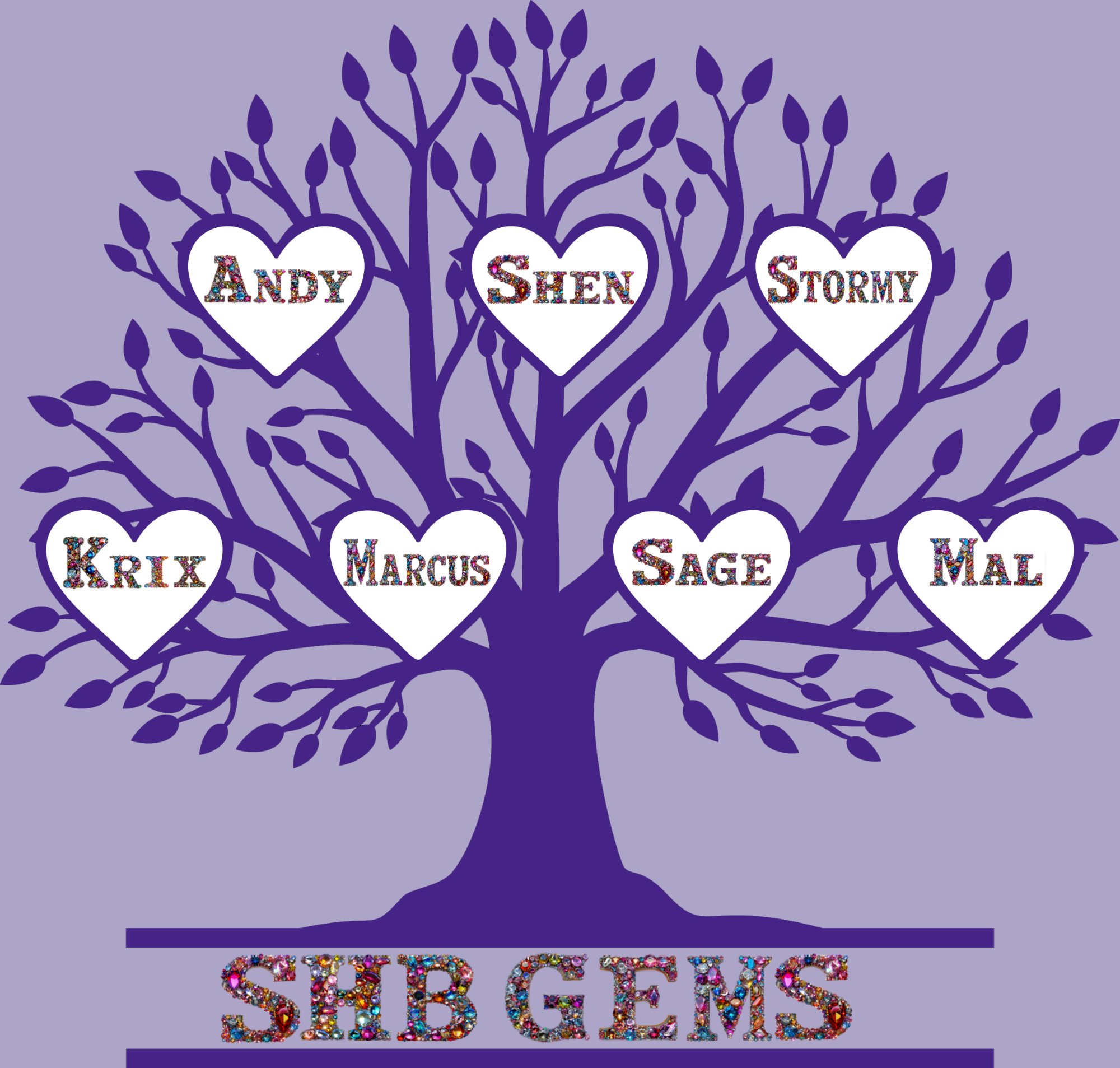 The SHB Gems family tree showing all team members: Andy, Shen, Stormy, Krix, Marcus, Sage, and Mal — each name in a heart on the branches of a purple tree